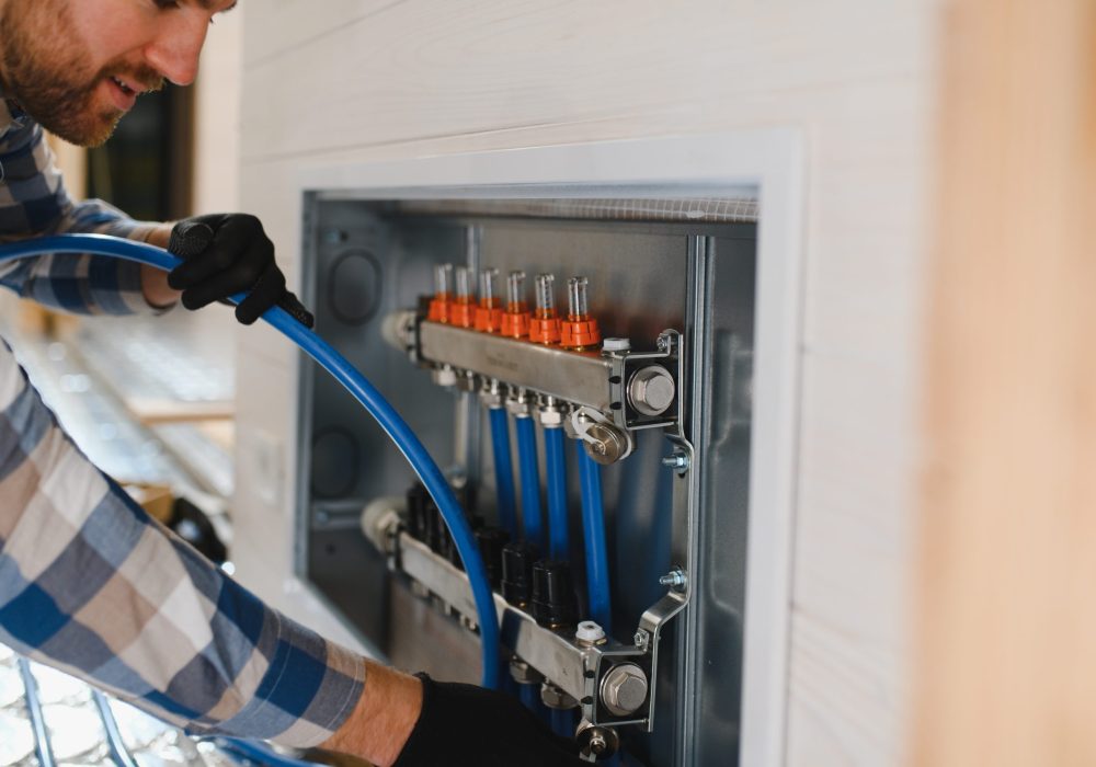 Service man instelling house heating system under the floor.